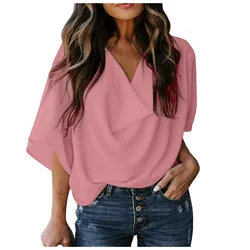 2024 Summer New Women's T Shirt Fashion Chiffon Stacked Tops T Shirt Solid Colour Casual Short Sleeve Versatile Tops Blouse