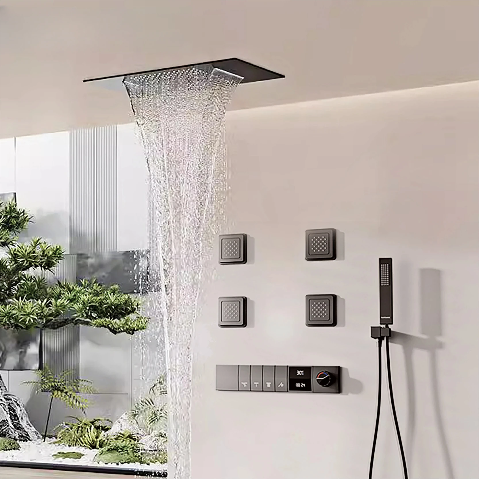 

Латунный пистолет, серая настенная потолочная душевая система, светодиодный цифровой дисплей, термостатический смеситель для душа с защитой от ожогов и спинкой