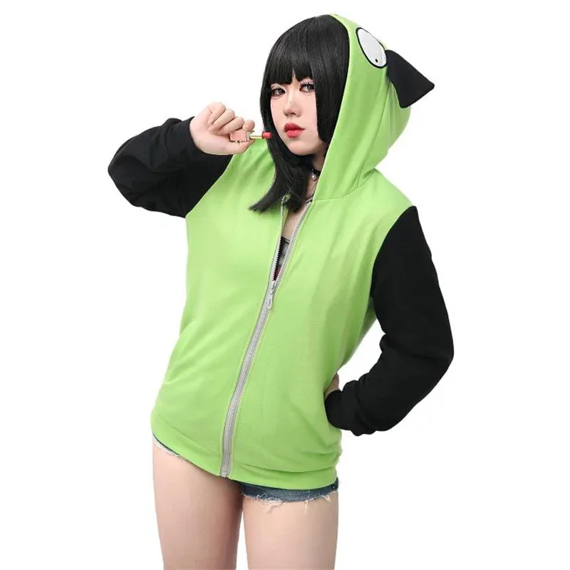 

Invader Cosplay Zim Hoodie Halloween Costume Casual Hooded Zip Up Pullovers Jackets Sweatshirts with Ears for Halloween Costume