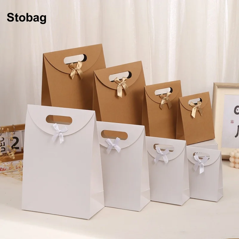 

StoBag 12pcs Flipped Bow Kraft paper White Gift Tote Box Packaging Cake Candy Food Storage Baking Pouch Birthday Party Favor