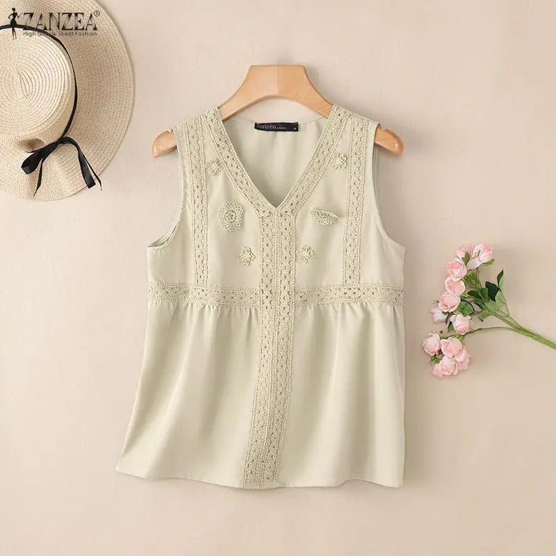 ZANZEA Sommer-Tanktops ohne Ärmel, stilvolle Damen-Tops mit V-Ausschnitt, elegante Spitzen-Patchwork-Urlaubsbluse, lässige, lockere Strand-T-Shirts – Detail 9