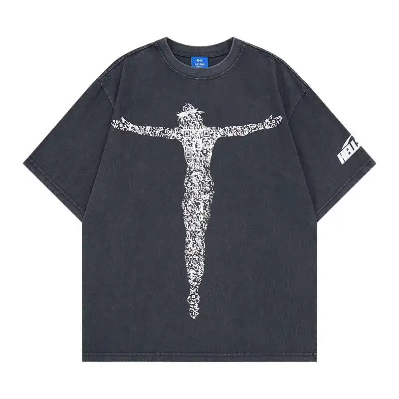 High Street Male T-shirt American Style Letter Number Print Washed Vintage Short Sleeve Tees Men's Fashion Tops DL98