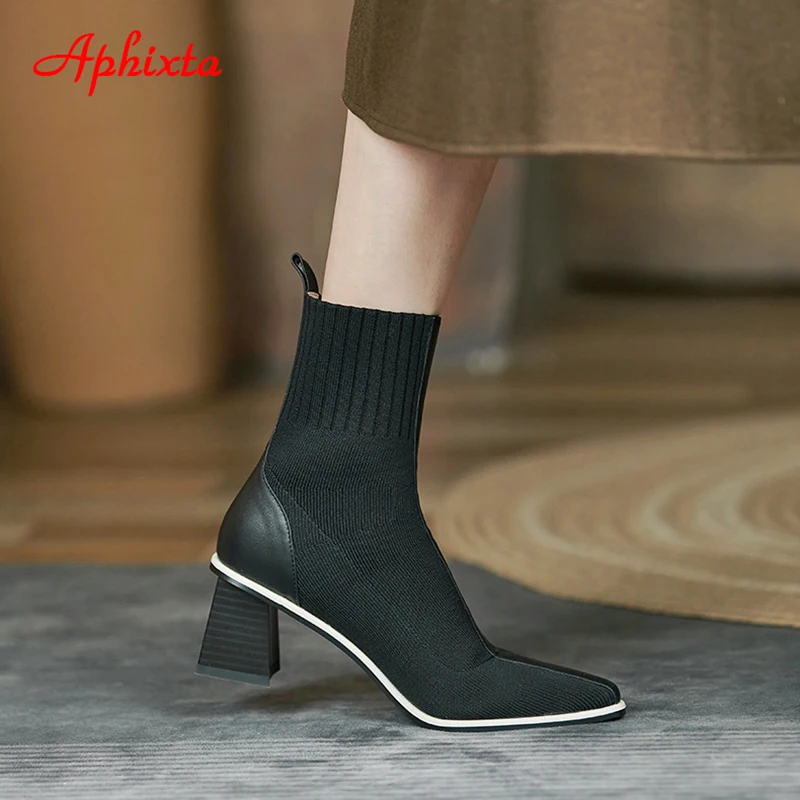 Aphixta 2023 New 6.5cm Chunky Heel Beige Coffee Stretch Cotton Fabrics Sock Boots Women Stretch Kniting Pointed Toe Shoes