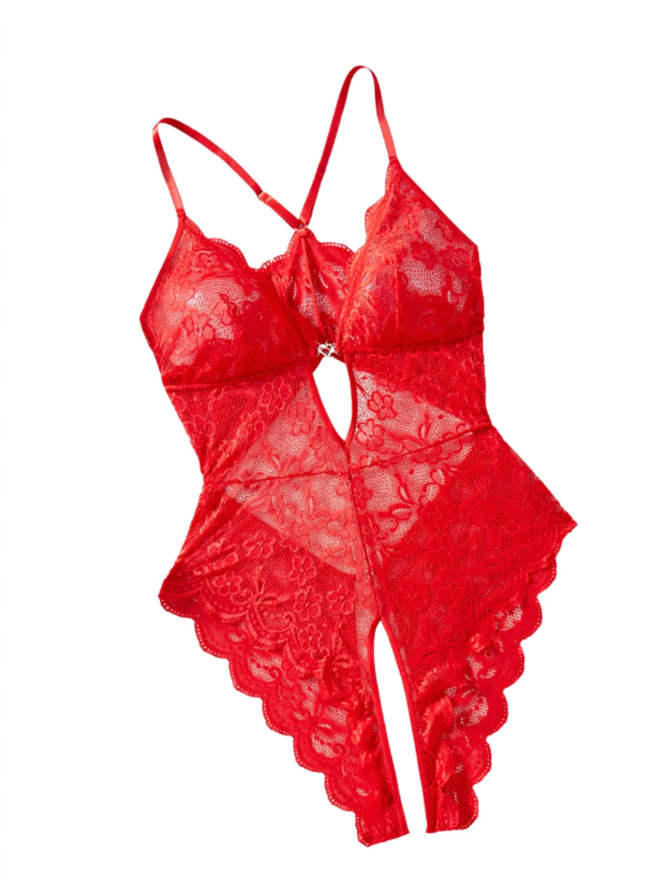 

Women Red Lace Teddy Lingerie Deep V Neck Hollow Out Sheer Mesh Open Crotch Bodysuit Sexy Sleepwear for Honeymoon