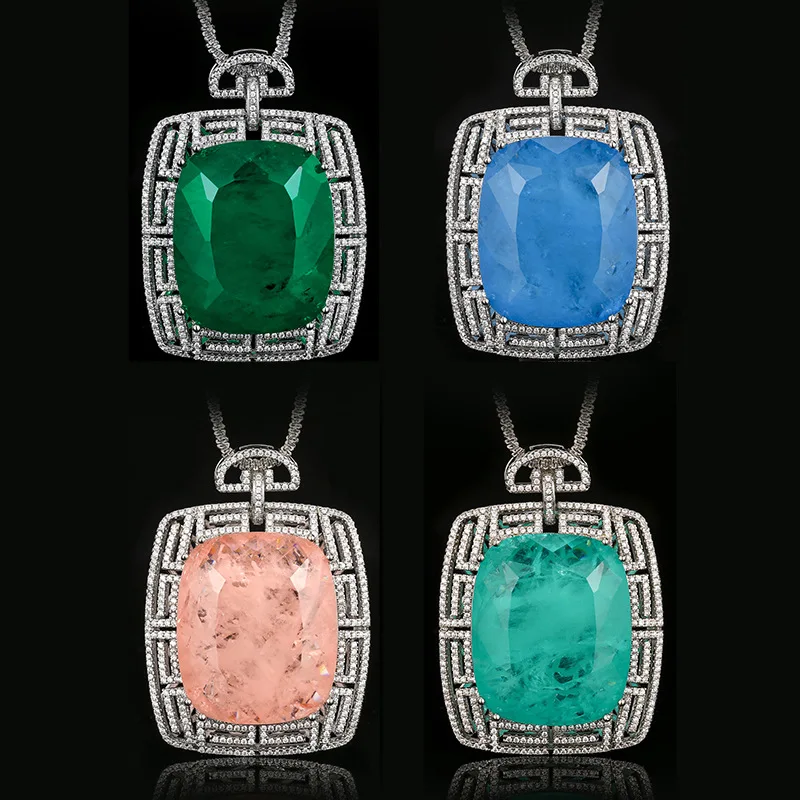Cushion Large CZ Pendant Necklace Silver‑Tone Hollow Geometric Halo Multicolor Vintage Luxury Women Statement Jewelry