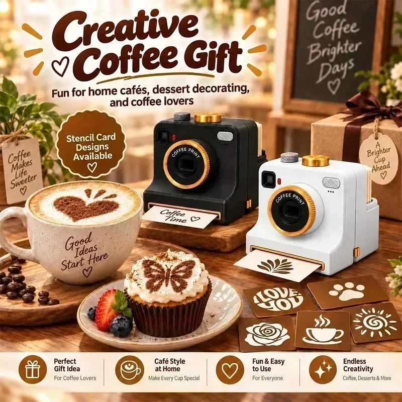 3D Printed Funny Coffee Latte Camera Replaceable Cards One Touch Press DIY Latte Art Camera Tool Vintage Look Included Stencils