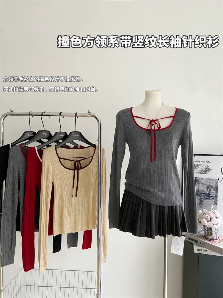 Autumn Winter Women Long Sleeve Knit T-Shirts Square Collar Lace Up Tees Contrast Color Top 2000s Coquette Chic Gyaru Cute Core