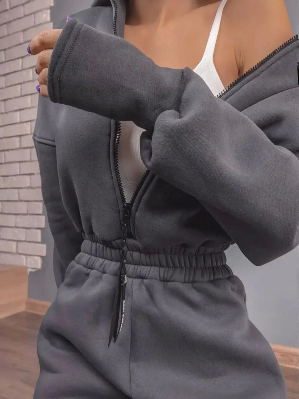 Setelan Jumpsuit Olahraga Street Sle dengan Hoodie, Celana Panjang, Pinggang Tinggi, Penutup Ritsleting, Bahan Poliester, Kaki Lurus, Tipis