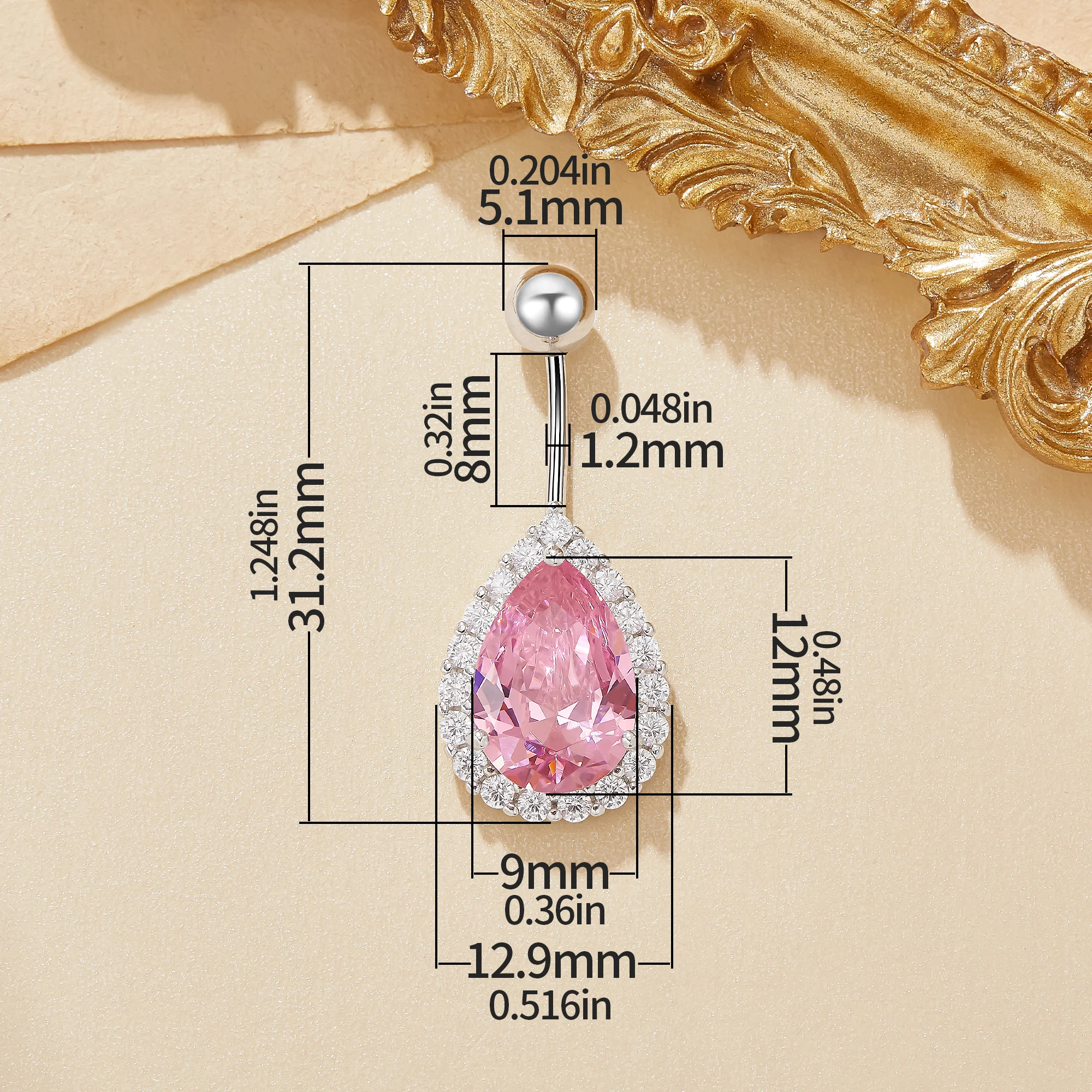 Sparkling Pear Pink CZ Stone Belly Button Ring Halo Navel Piercing Elegant Belly Body Jewelry Fashion Piercing Bithday 6730011