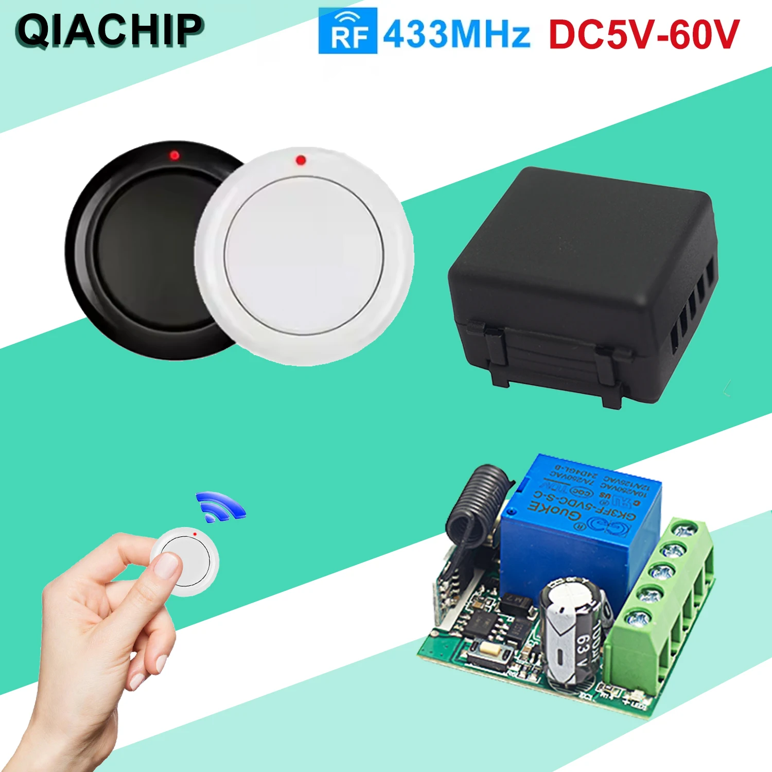 QIACHIP DC 12V 433Mhz Wireless Smart Light Switch 5V-60V 10A Mini RF Relay Receiver Mini Transmitter for Remote Control Lamp LED
