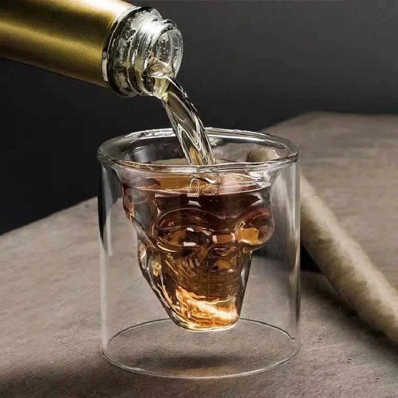 250ml Double-layered Transparent Skull Head Coffee Mug Crystal Glass Cup for Home Bar Club Whiskey Tequila Wine Vodka and Beer