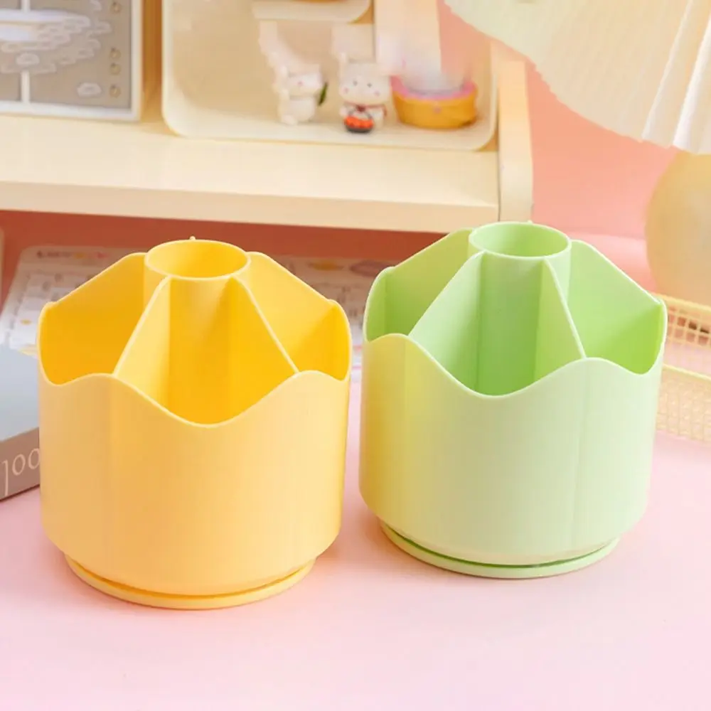 Stationery Organizer 360° Rotating Pen Holder Multi-slot Solid Color Pen Stand Round Box Anti-deformed Storage Holder Student