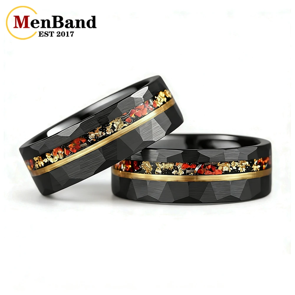 

MenBand 6MM 8MM Men and Women Marriage Tungsten Ring Inlaid Real Meteorite, Fire Opal and Gold Foil，Couple's Ring, Promise Ring