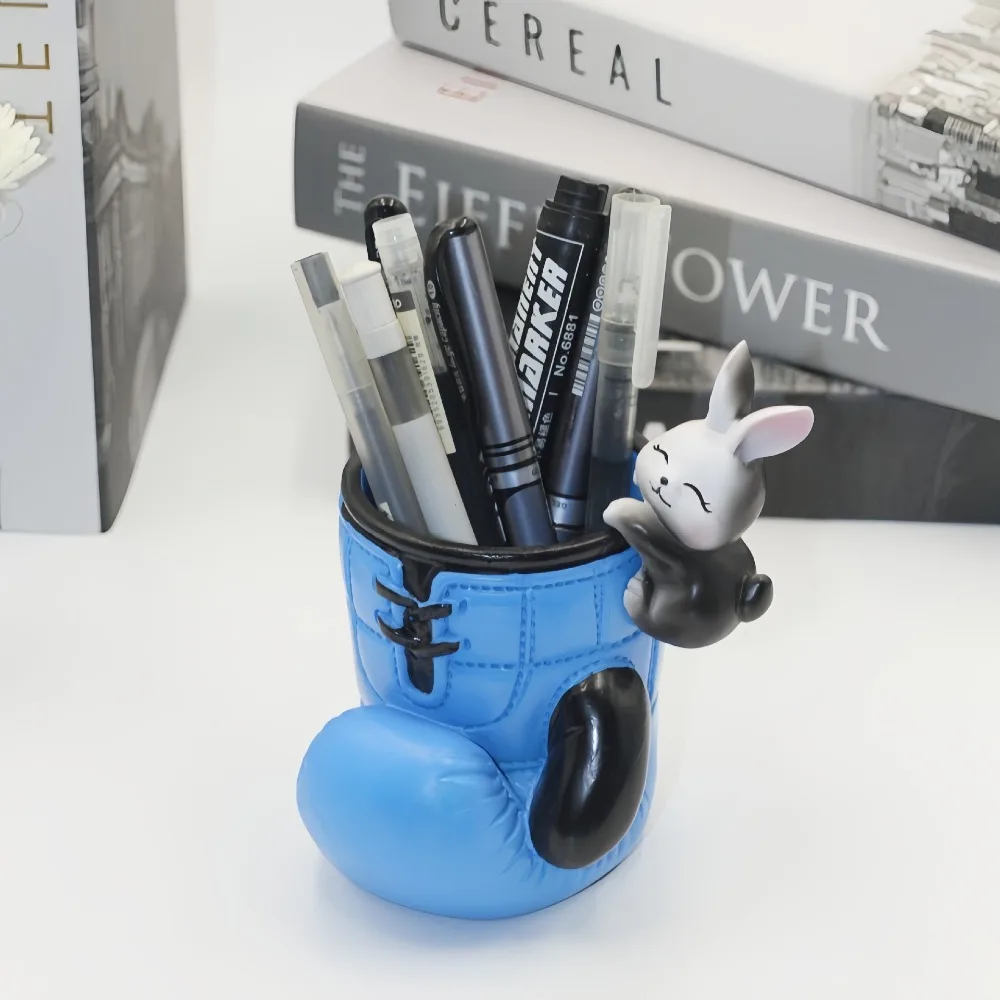 Desktop Decoration Resin Boxing Gloves Pencil Holder Blue/Red with Cartoon Animal Pen Box Stable Base Brush Container Gift