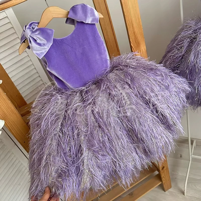 2025 Fashion Baby Girl Princess Feather Sleeveless Dress Infant Toddler Child Vintage Vestido Party Pageant Birthday Ball Gowns