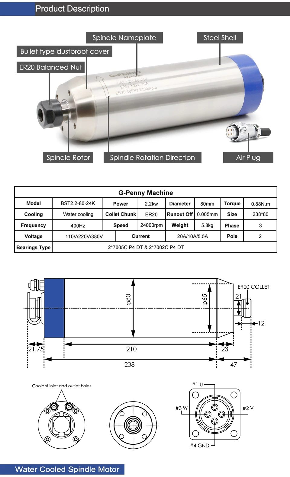 G-Penny 2,2 kW ER20 Wassergekühlter Spindelmotor 220 V 380 V 4 Stück Keramiklager CNC-Spindel zum Fräsen von Stein, Aluminium und Holz – Detail 2