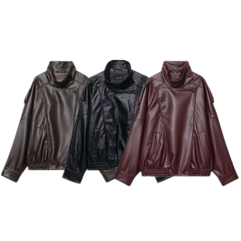 جديد 2025 الخريف المرأة الطيار Jaet جلدية وهمية الوقوف طوق سستة إغلاق ort ملابس خارجية Faion تخفيف Sle فضفاضة تناسب #5