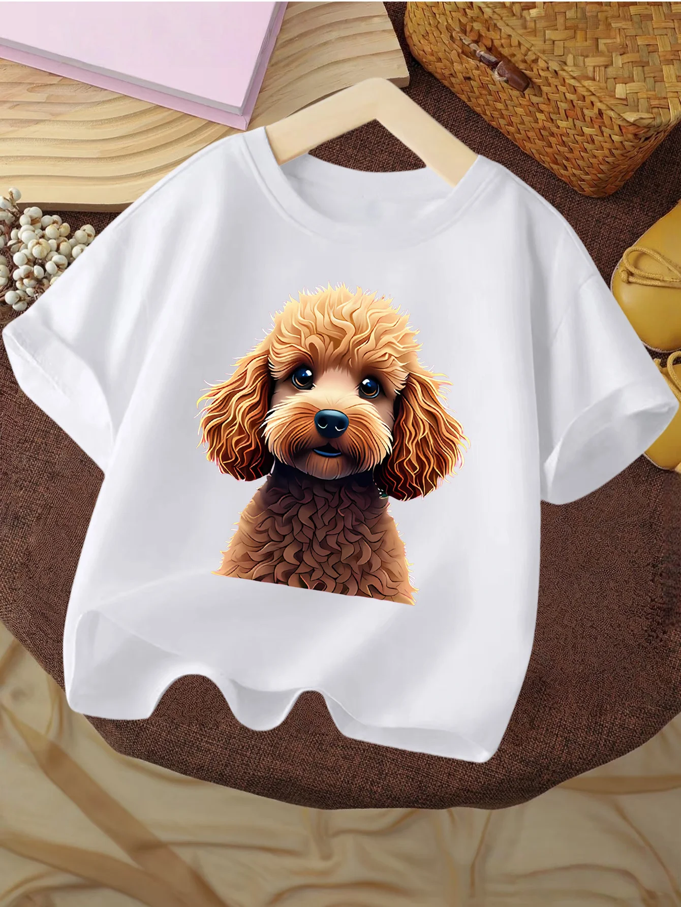 Children T Shirt Adorable Fluffy Brown Poodle Puppy Portrait Pet Illustration Print Short Sleeve Soft Cotton Kids Daily Outfit