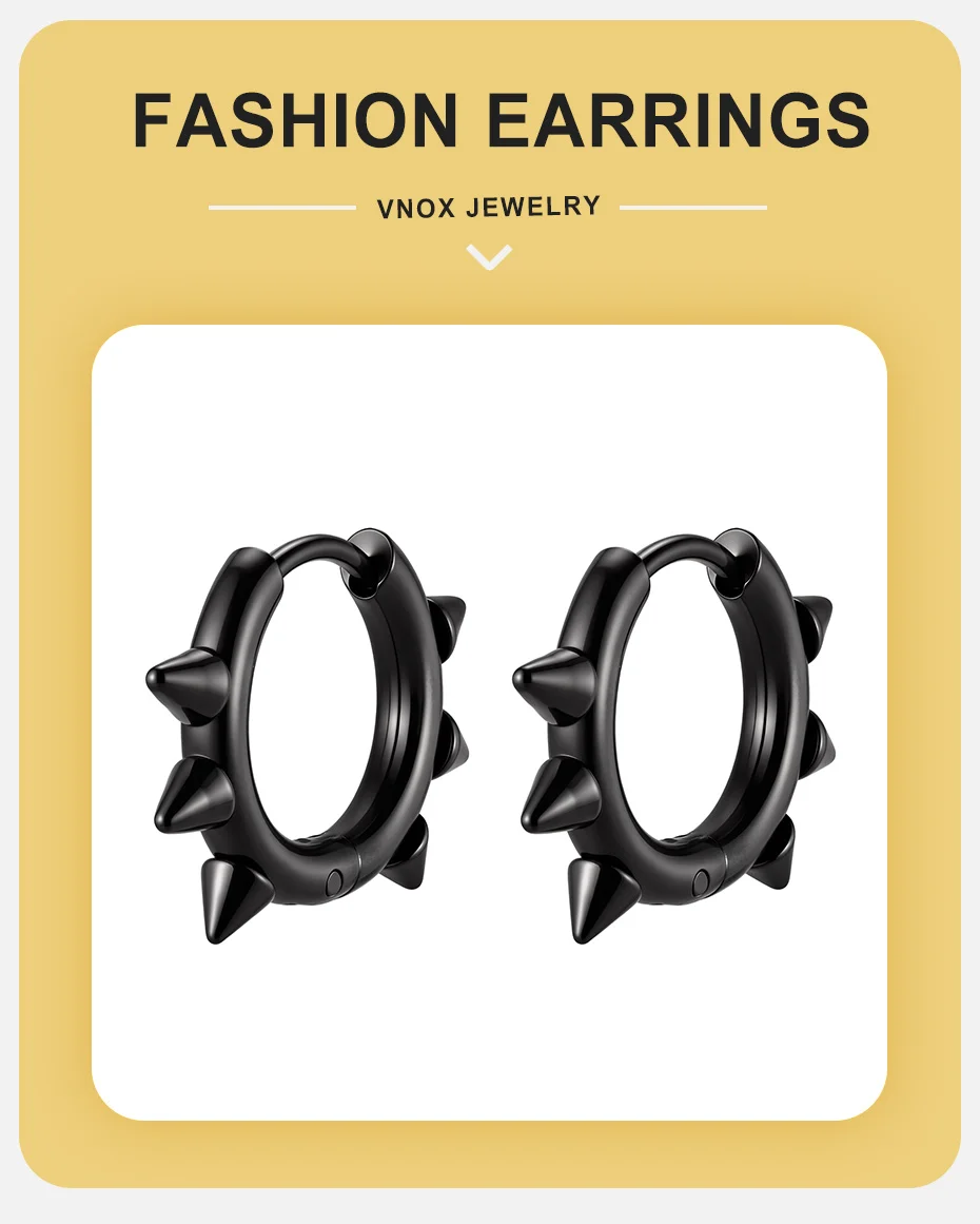 Vnox Edelstahl-Spike-Creolen für Männer, Punk-Stil in Schwarz, Silber und Gold, Nieten-Huggie-Ohrring, Hypoallergener Schmuck als Geschenk – Detail 1