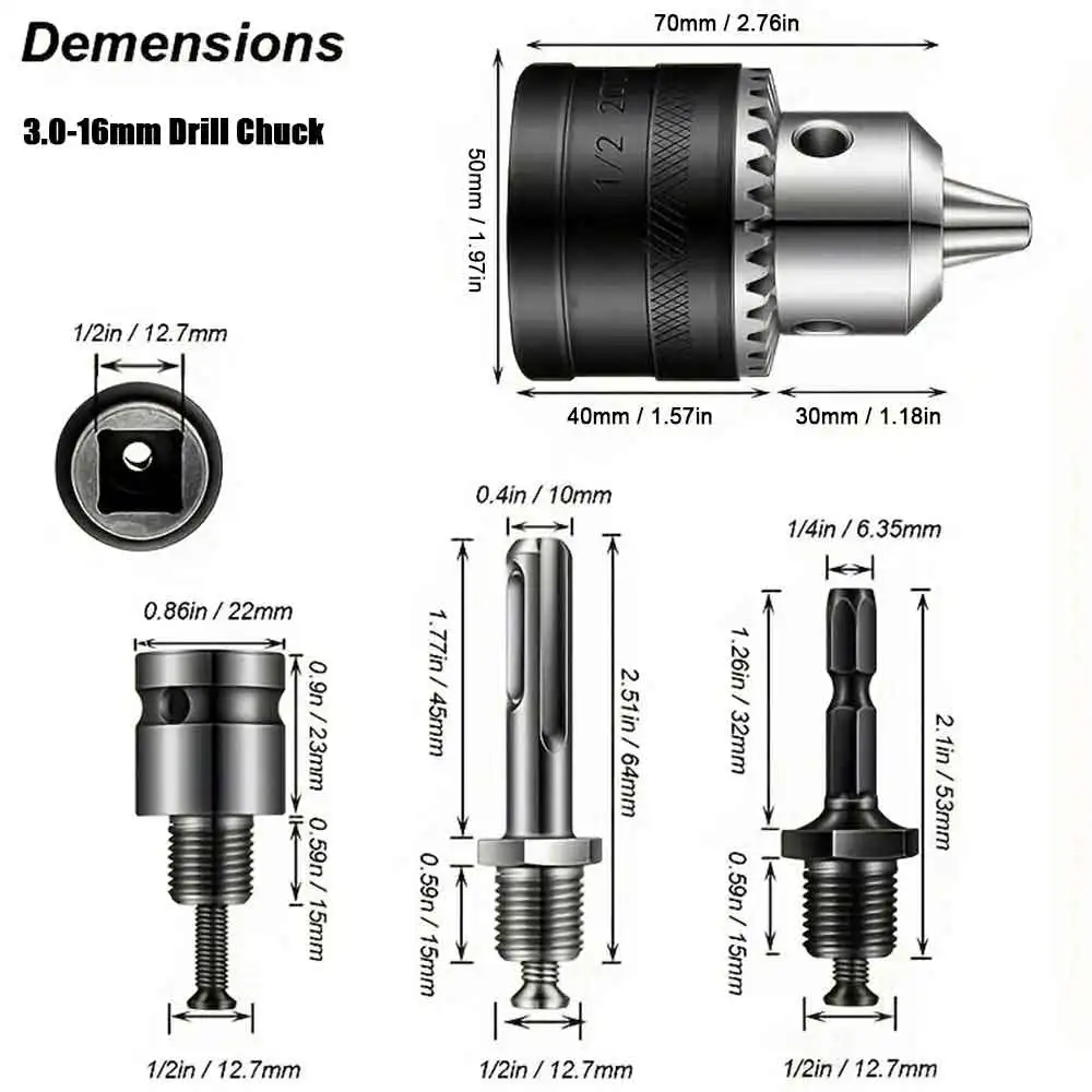 Imagem -06 - Montagem Impact Driver Drill Chuck Conversão Hex Shank Sds-plus Adaptador Quadrado com Chuck Key 10 mm 13 mm 16 mm 220unf 8-24unf