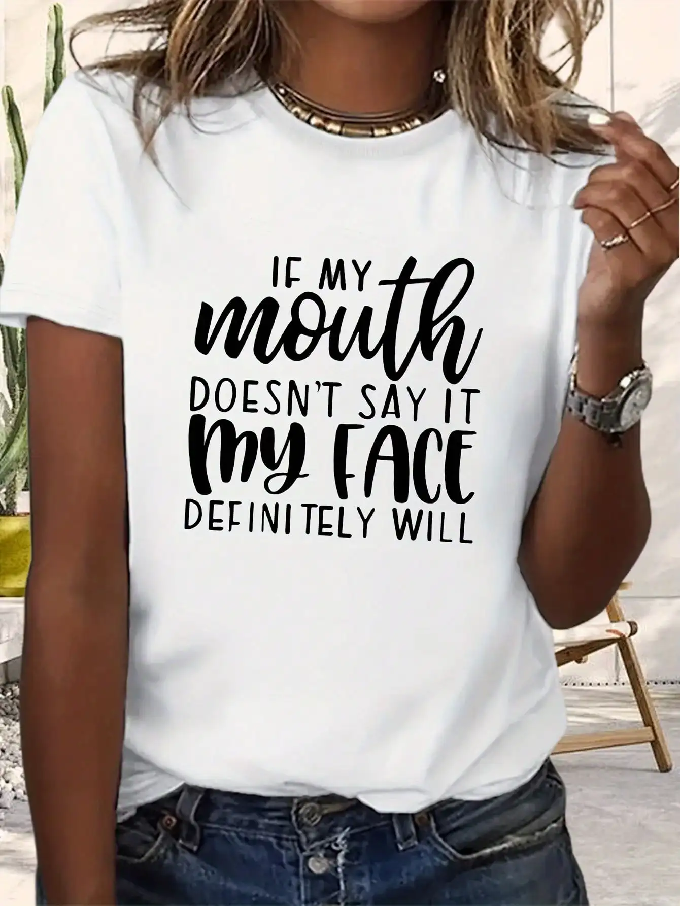 

Women's Front Print T-Shirt If My Mouth Doesn't Say It My Face Definitely Will 100% Funny Graphic Tee Summer Casual Tee Top
