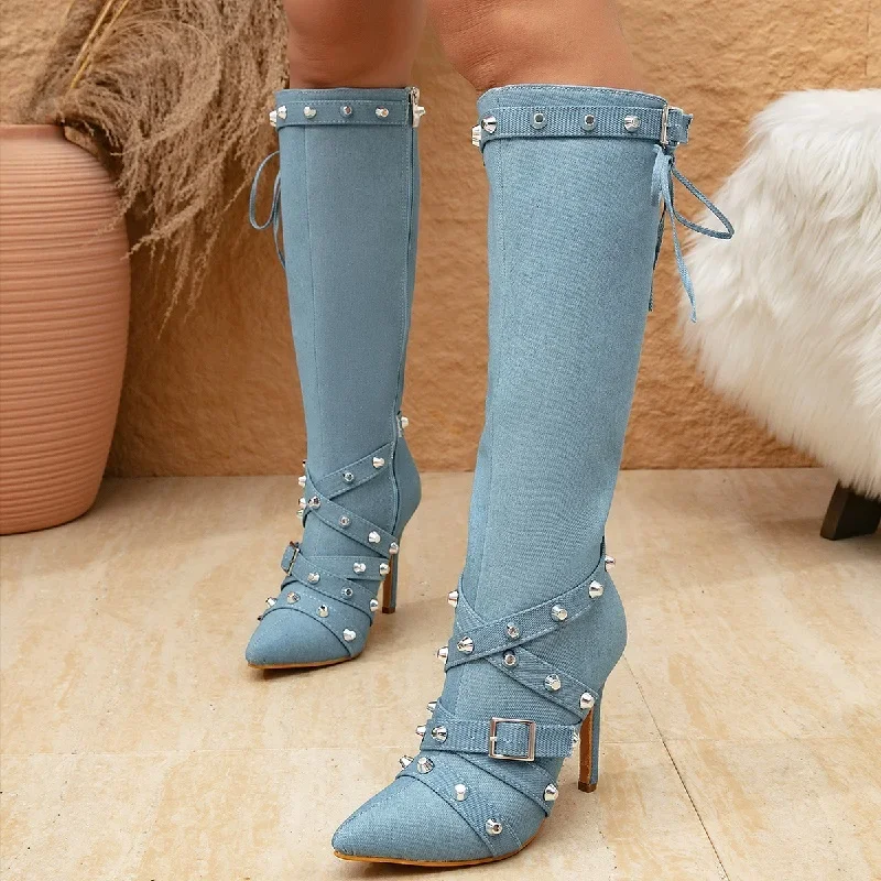 Eilyken Sexy Denim rivetto fibbia per cintura donna stivali al ginocchio moda tacchi sottili scarpe a punta cerniera laterale stivaletti da donna