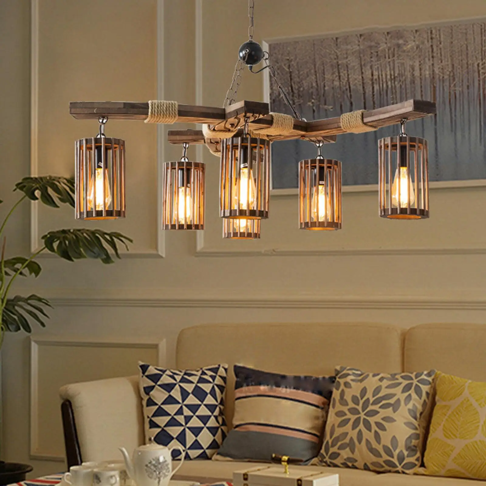 5 Light Island Farmhouse Chandelier Ceiling Fixture Wood Pendant Lamp Island Light Home Kitchen