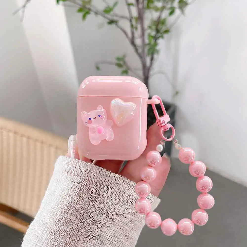 Bonita funda protectora con diseño de gato rosa para AirPods inalámbricos Pro, Compatible con iPhone 11, cubierta de airpods love con cadena