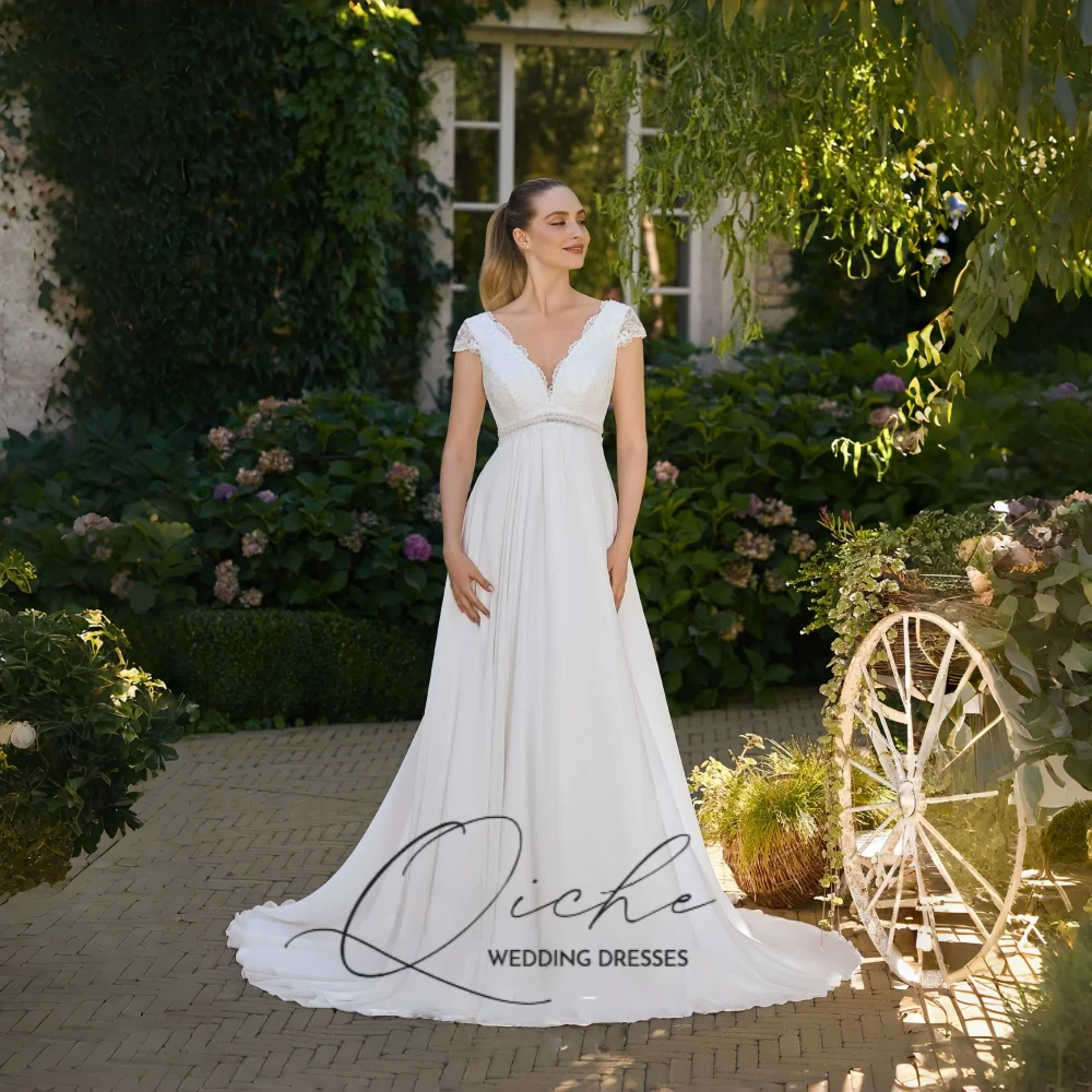 QICHE Elegant V-Neck A-Line  Lace Wedding Dresses Empire Open Back Women White 2026 Bridal Gowns Customized Vestidos De Novia