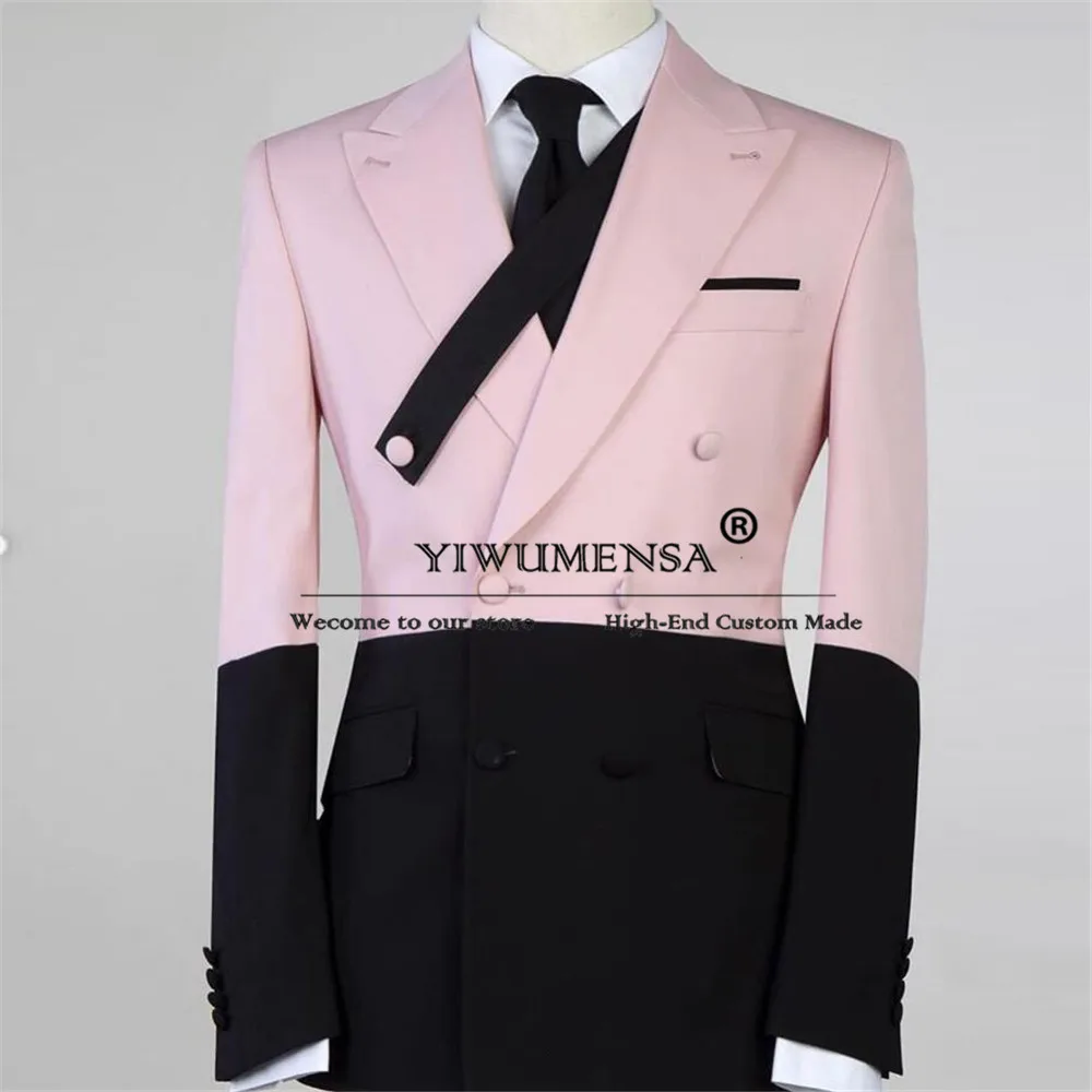 

Unique Pink Black Splicing Groom Wedding Suits Double Breasted Jacket Pants 2 Pieces Groom Tuxedos Man Fashion Prom Blazer Sets