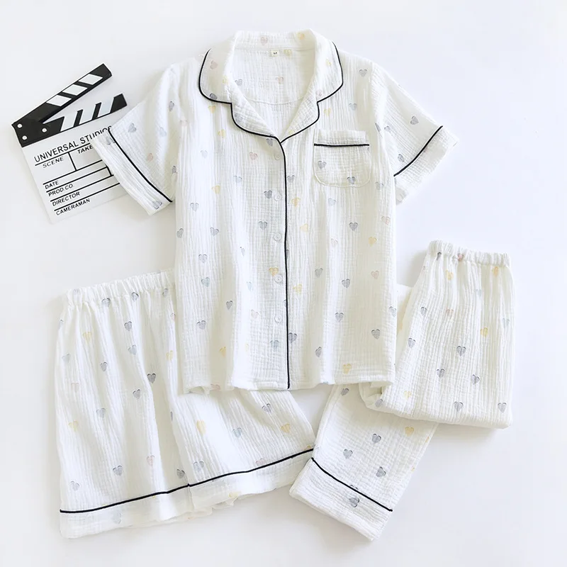 

2024 New Summer Women's Pajama Set 100% Cotton Crepe Short Sleeves+Shorts+Pants Three Piece Casual Ladies Homewear Sleepwear