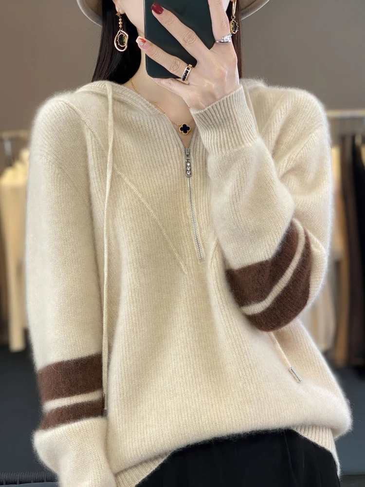 Autumn Winter Women Hoodie Collar Sweater 100% Merino Wool Half Zipper Casual Thick Pullover Cashmere Knitted Coat Fashion Tops