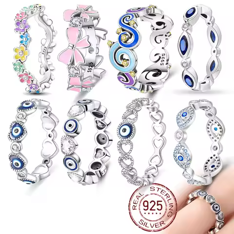 925 Sterling Silver Nazar Evil Eye Amulet Ring for Women Original Wedding Engagement Gifts Stackable Star Moon Heart Flower Ring