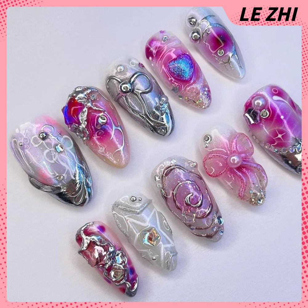 10Pcs Handmande Almond Press On Fake Nails Sticker 3D Flower Hand Painted Gel for High Quality Nail Art Customizable Nail Art