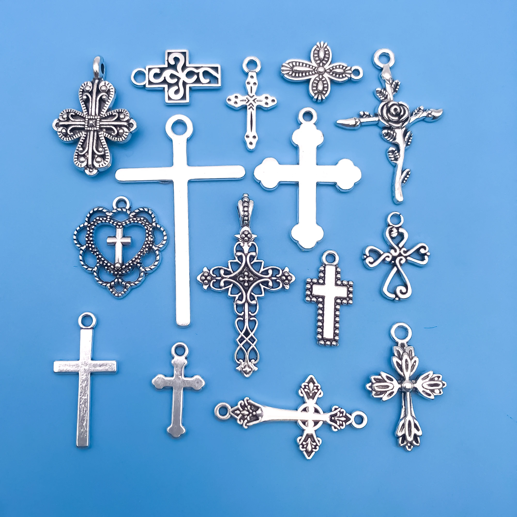 15pcs/SET Zinc Alloy Antique Silvery Cross Shape Charms Pendants for DIY Necklaces Bracelets Earrings Jewelry Making Handcrafted