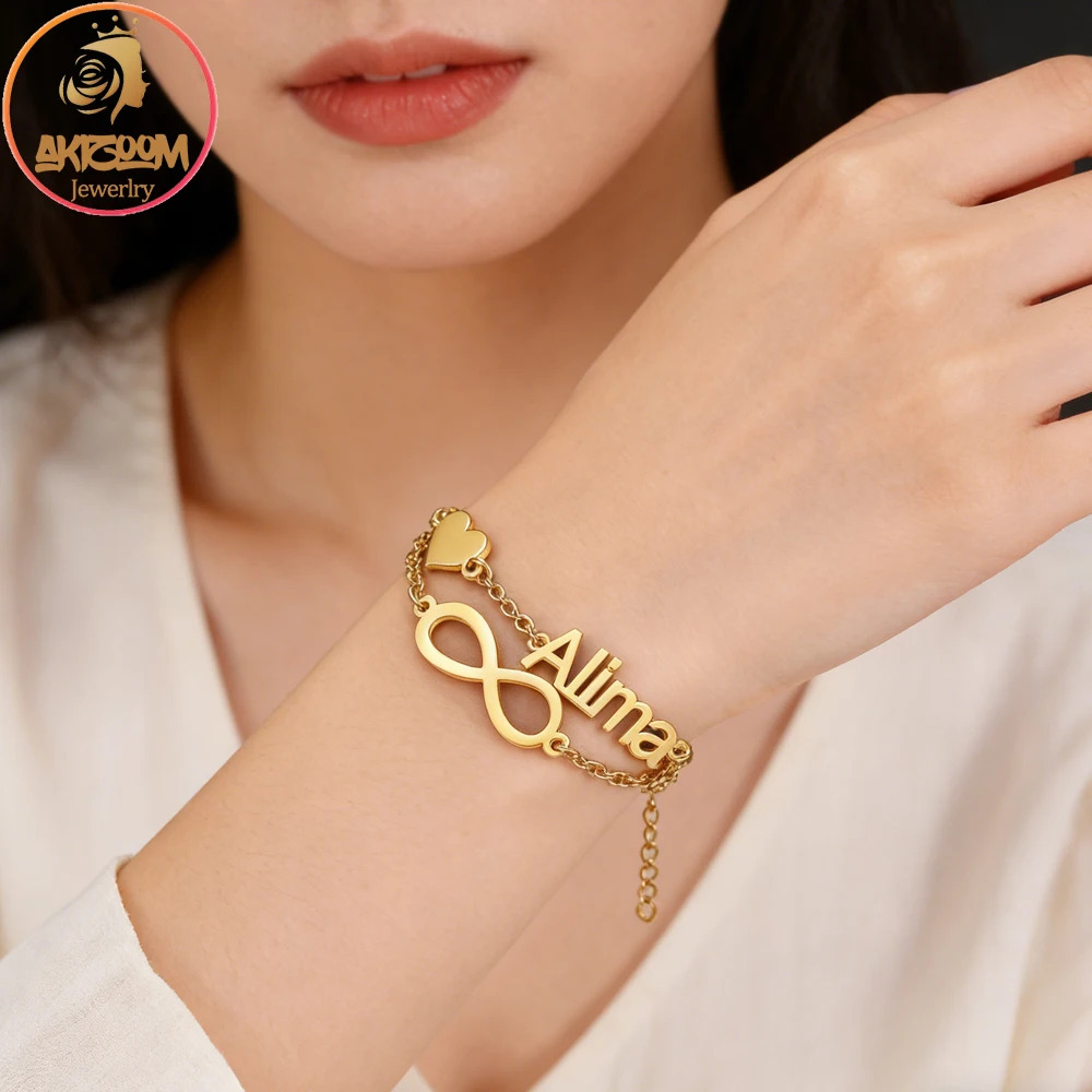 

Браслет Akizoom с именной гравировкой, двухслойная цепочка с подвесками в виде губ, звезды и сердца, из нержавеющей стали с цирконами, с буквой, для женщин, мам, подарок на вечеринку