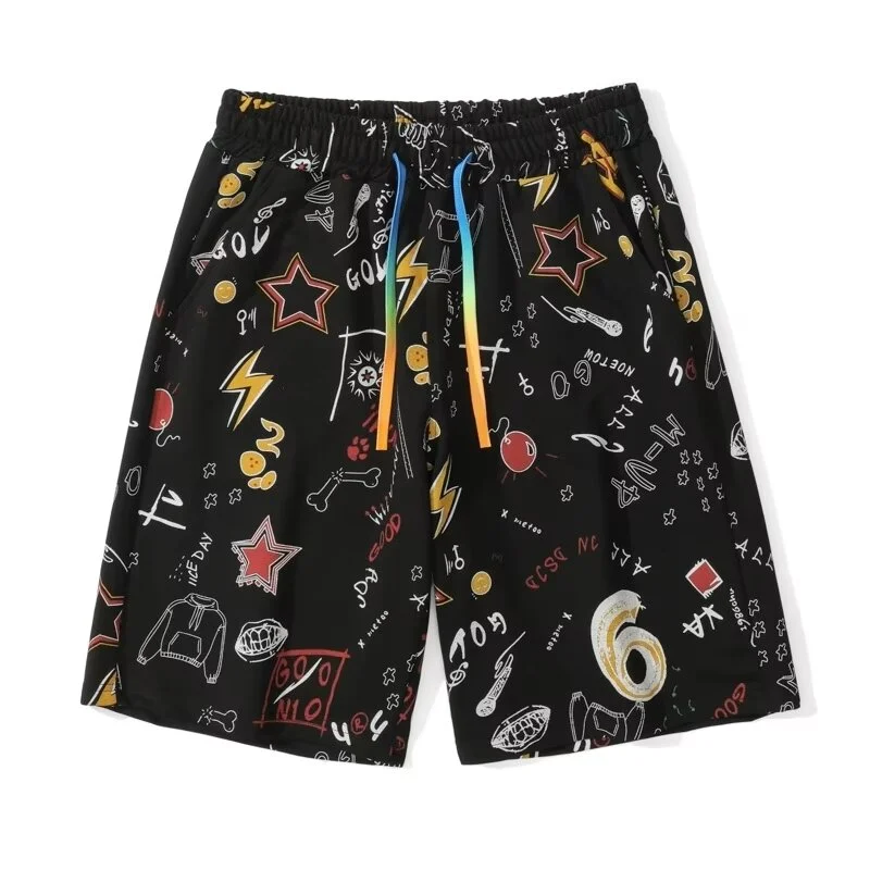 New Summer Men's Shorts American Graffiti Fashion Black Short Pants Harajuku High Street Men's Clothing Casual Shorts Streetwear