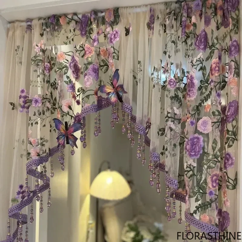 Embroidery Country Flower Lace Curtain for Kitchen Window Luxury Beaded Voile Vintage Farmhouse Triangle Small Curtain
