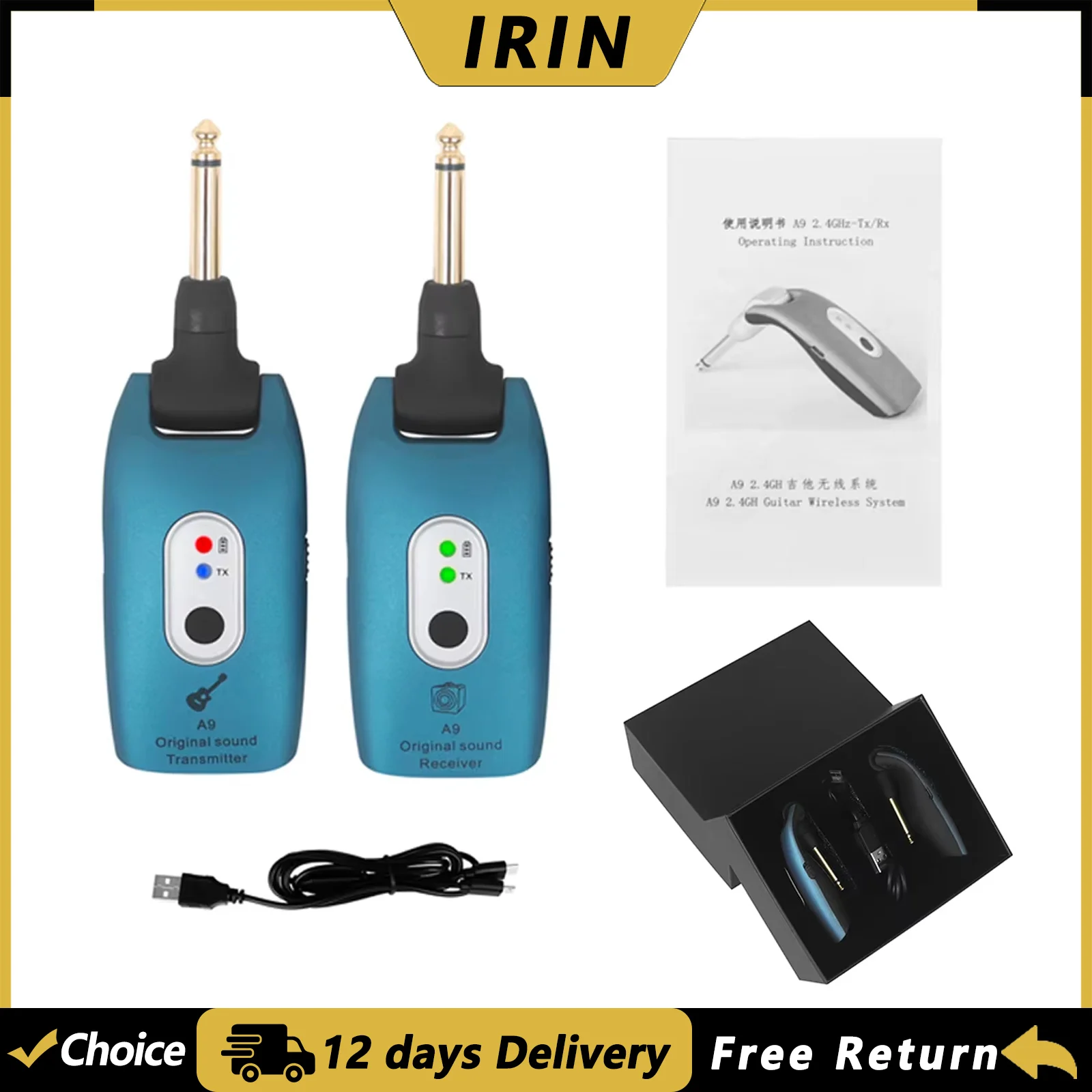 IRIN A9 Guitar Wireless System Guitar Transmitter Receiver Built-in Rechargeable 4 Channels UHF Guitar Bass Sound Transmission