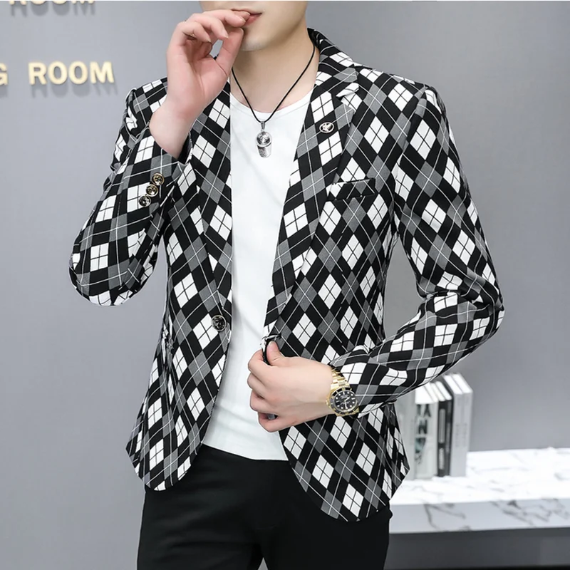 2022 Autumn New Green Lattice Casual Suit Coat Fashion Men Business Slim Fit Dress Suit Formal Social Party Tuxedo Blazers Homme