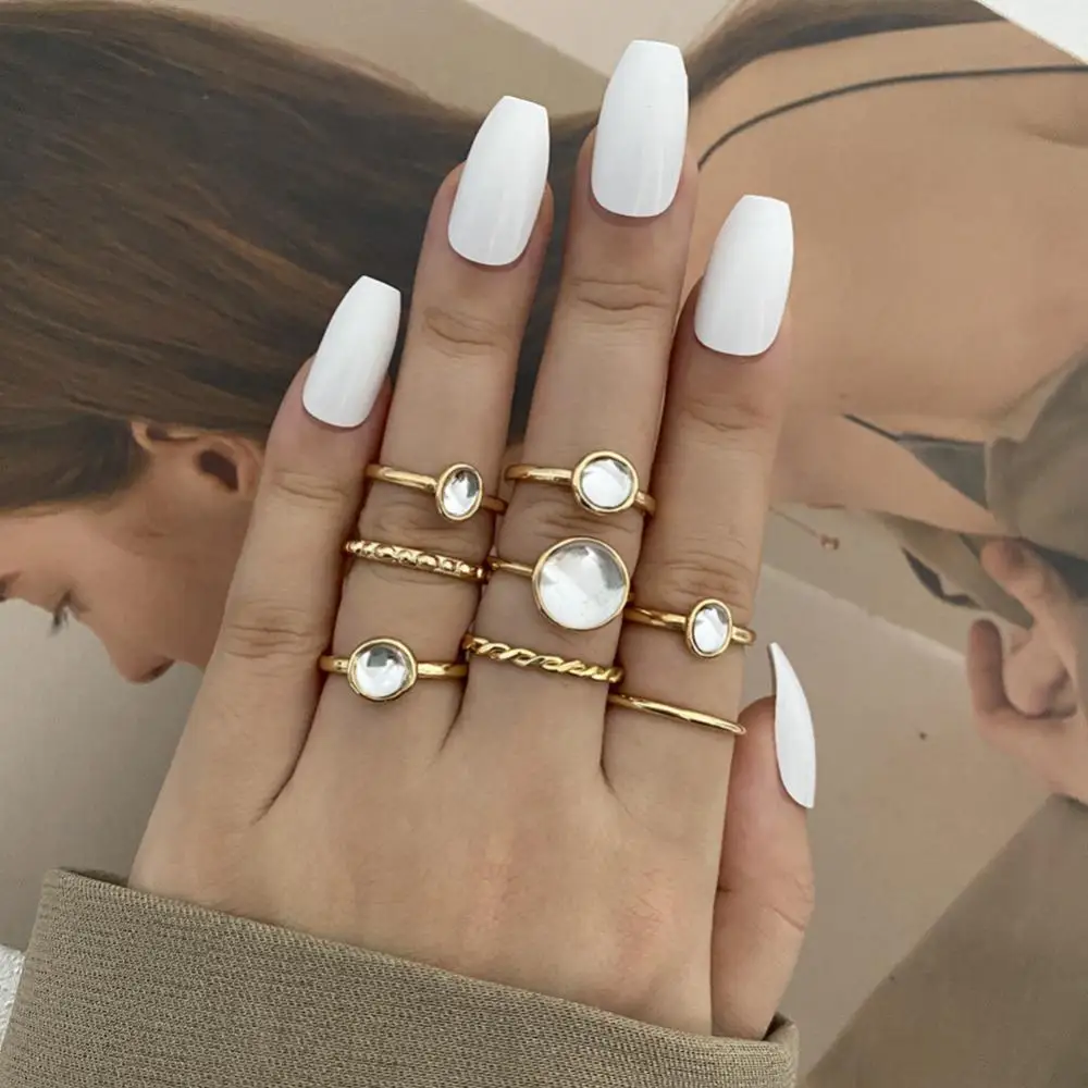 8pcs/set Vintage Colorful Stone Ring Set Metallic Chain Trendy Irregular Geometry Hit Rings For Women Girls Jewelry Gifts image 2