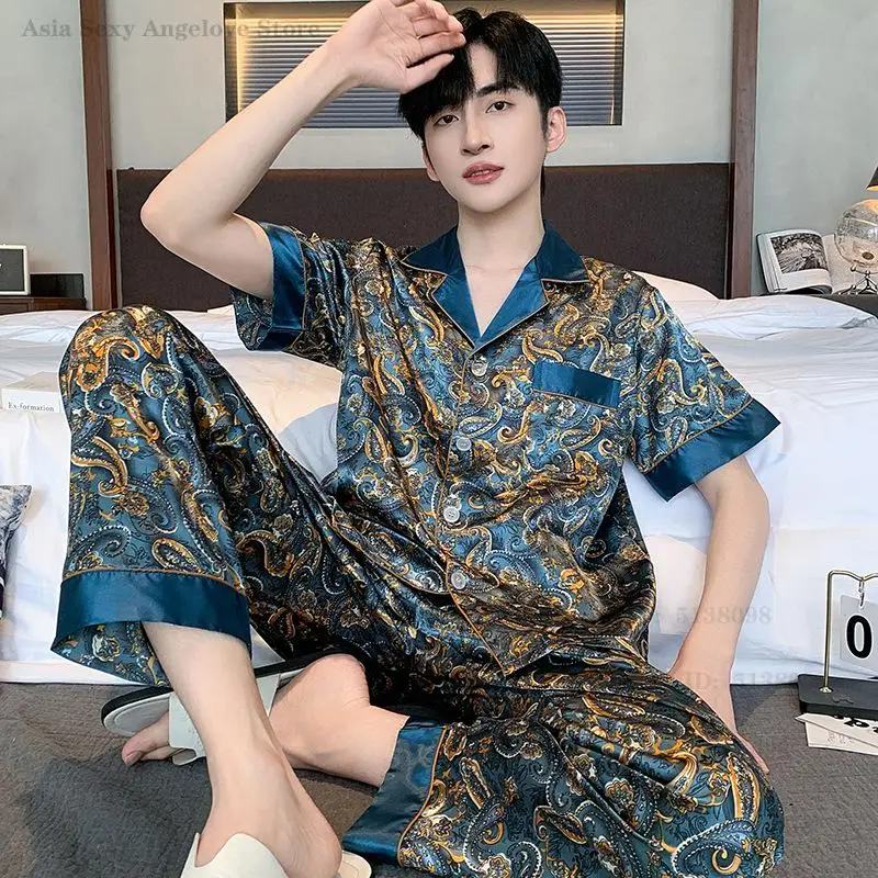 

Мужской комплект пижамы из 2 предметов: ночная рубашка и брюки с принтом дракона, повседневная домашняя одежда, сексуальный костюм для сна из шелковистого сатина