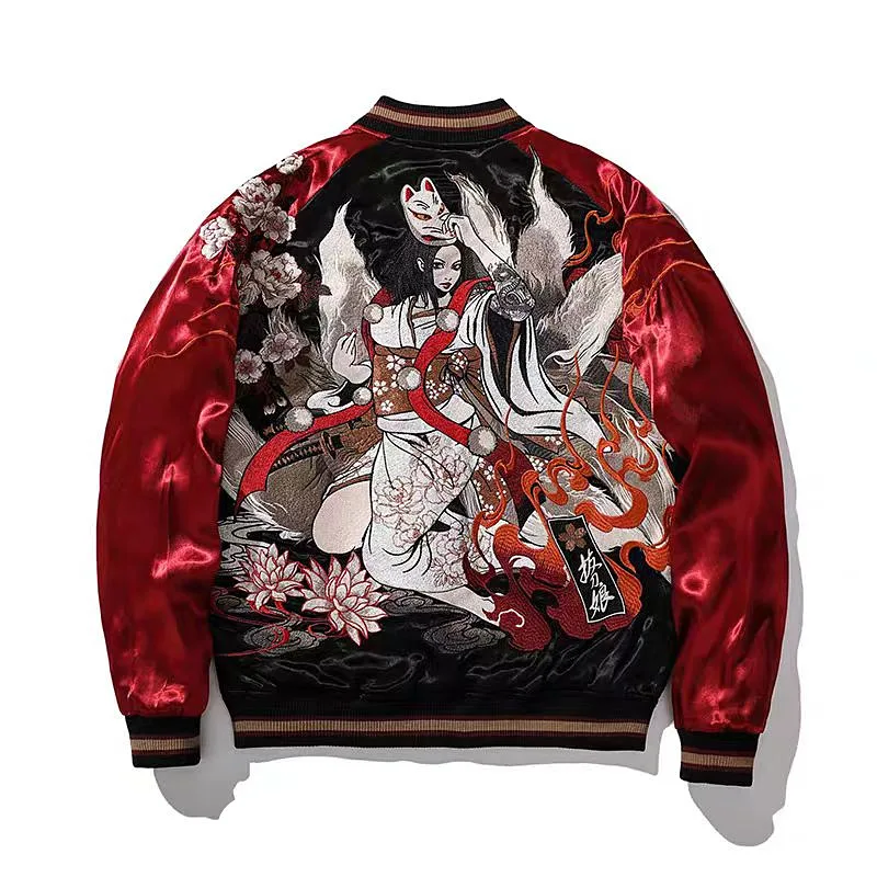 High Street Men Boys Streetwear Nine Tailed Fox Embroidered Loose Sukajan Souvenir Jacket Coats Fashionable Vintage Hip Hop