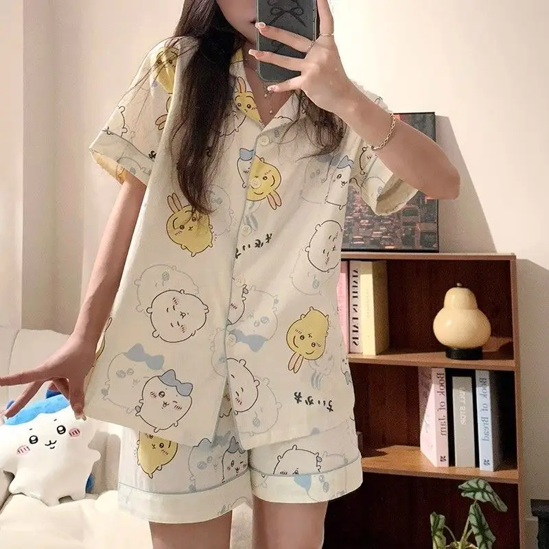 

New Pattern Chiikawa Kawaii Pajamas Cartoon Hachiware Printing Summer Thin Style Girl Short Home Wear Suit