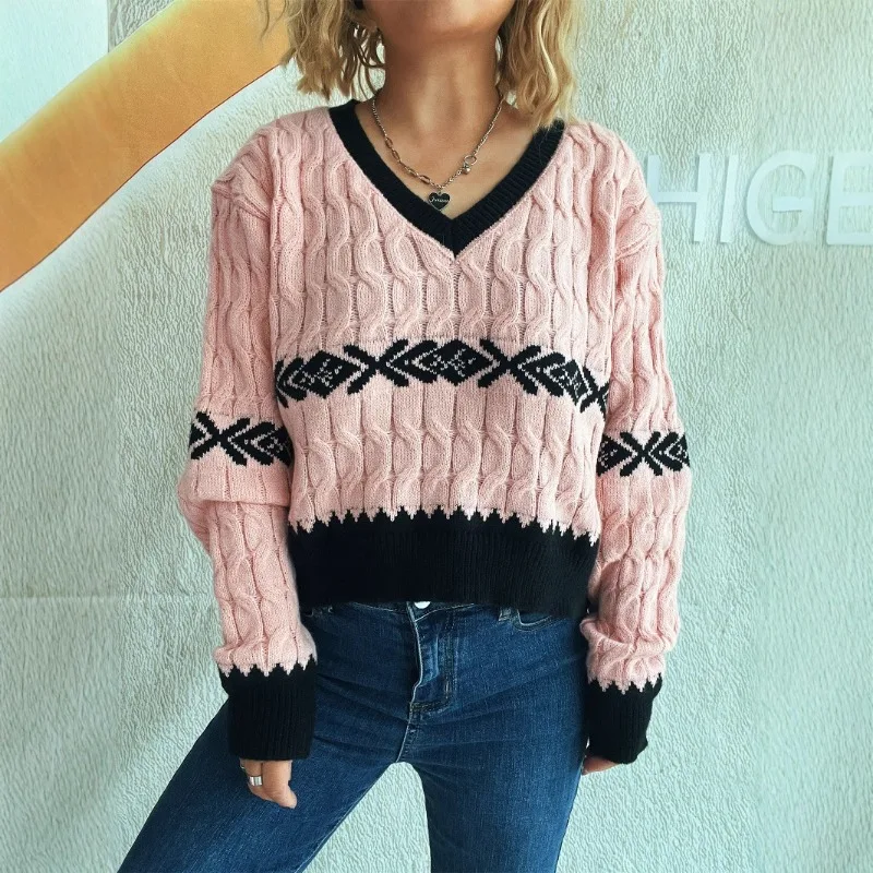 

Trendy Women's Clothing New Jacquard Sweater Short Tops Pullover Knitted Coats Soft Vintage V-neck Patchwork Coat Casual Jumpers