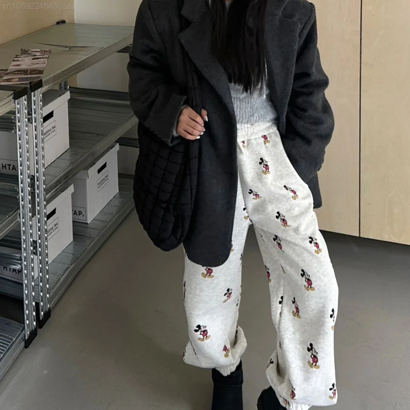 Disney Mickey New Printed Winter Fleece Women Sports Casual Korean Trousers Y2k Female Drawstring Jogger Loose Straight Pants