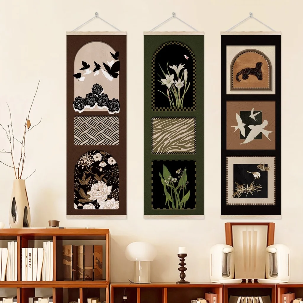 Wall Art for Living Room Bedroom,Chinese Traditional Meticulous Painting,Posters and Printing,Fixed Wooden Hanging Scroll