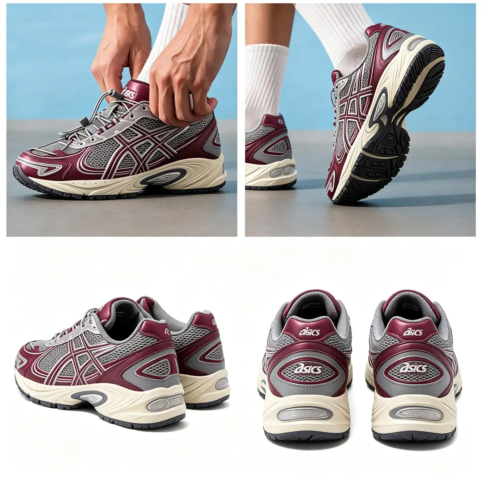 ASICS Retro Mesh Casual Sneakers Wine Red Gray Breathable Cushion Walking Shoes Unisex 1203A866-020