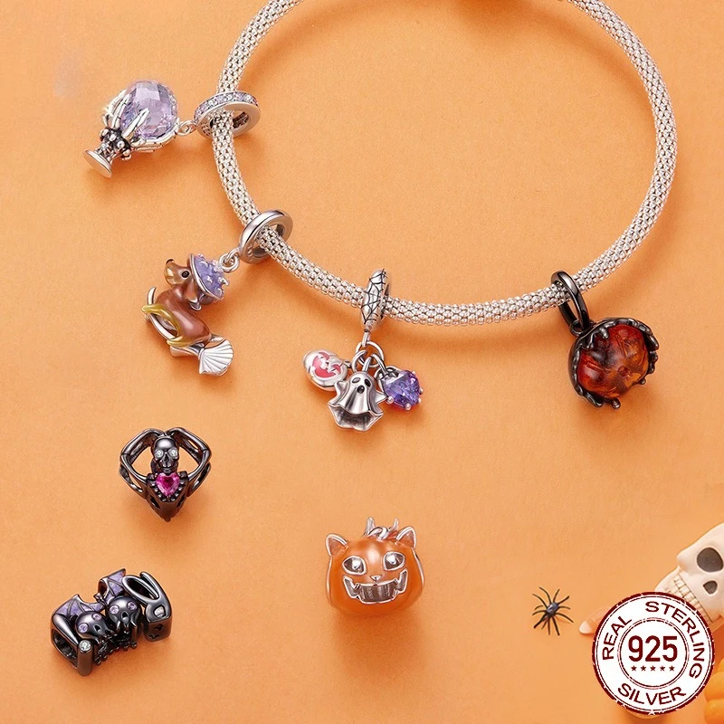 925 Sterling Silver Halloween Charms, Pumpkin Skull Beads Fit Snake Bracelet, Enamel DIY Jewelry Making Accessories
