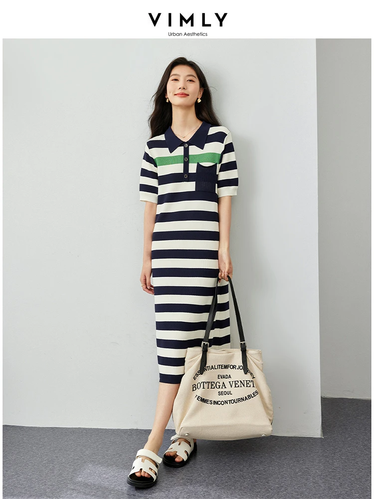 

VIMLY Multi-Color Striped Polo Neck Casual Dress For Women Summer New Loose Straight High Strecth Long A-LINE Dress 73035